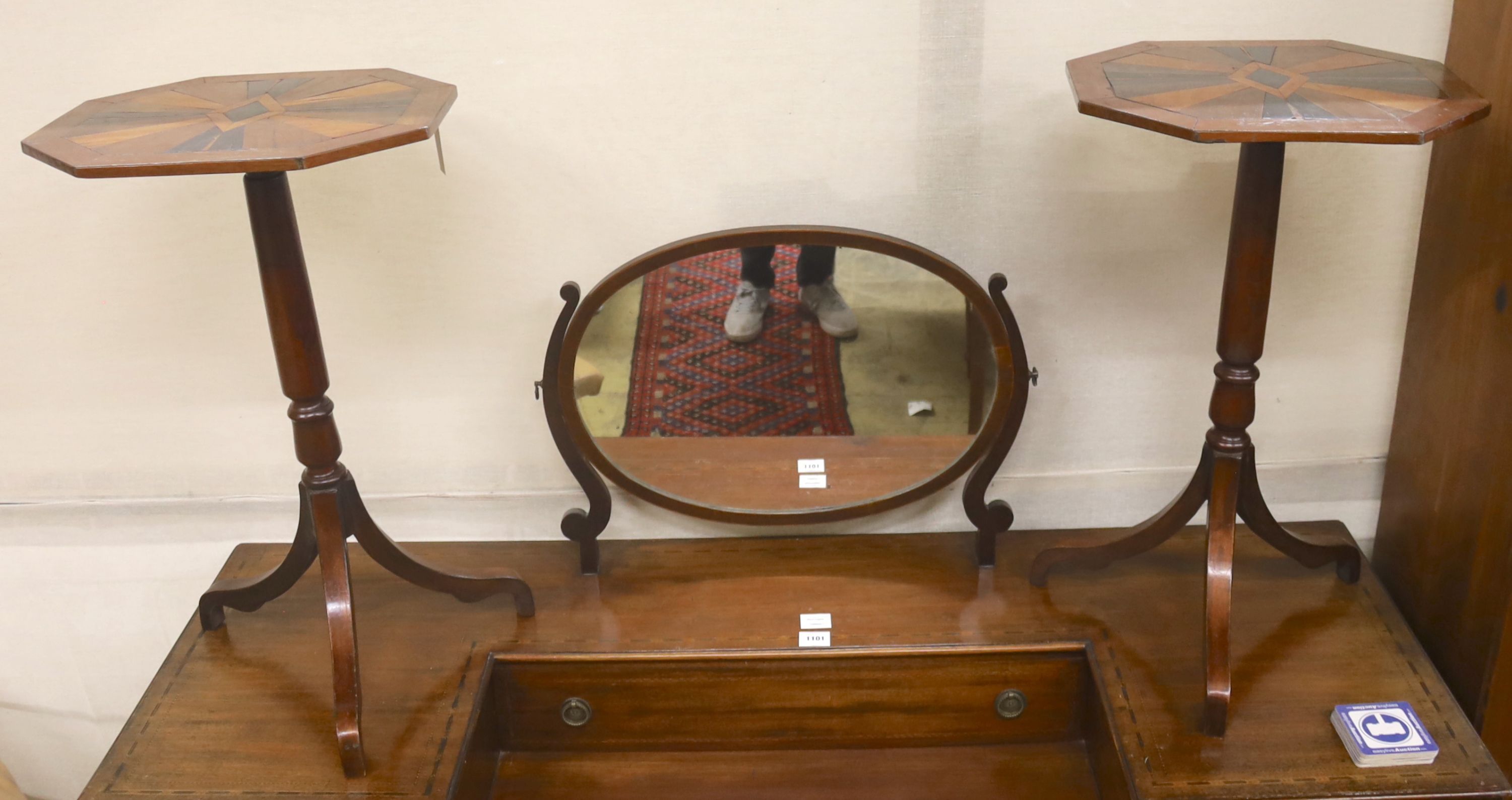 A pair of Regency design parquetry inlaid octagonal tripod wine tables, width 45cm, depth 39cm, height 74cm